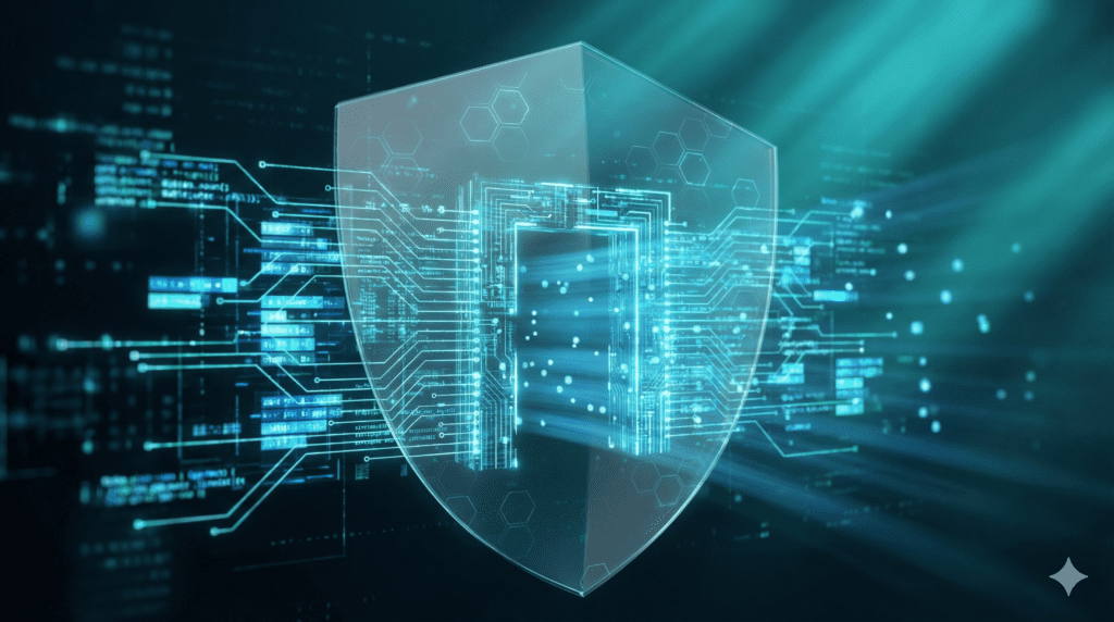 Abstrakcyjna wizualizacja tarczy ochronnej nad cyfrową strukturą danych, symbolizująca bezpieczeństwo Zero-Trust i Abilities API w systemie WordPress.