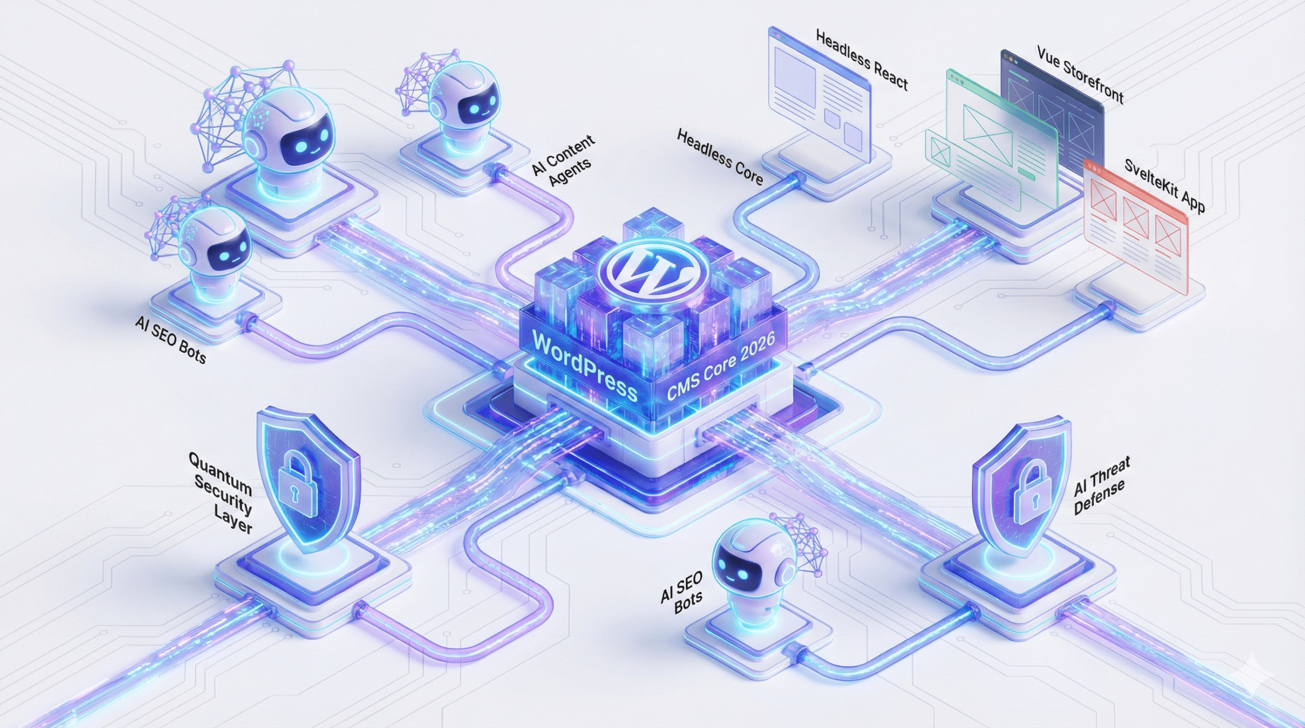 Izometryczna wizualizacja nowoczesnego ekosystemu WordPress w 2026 roku, pokazująca połączenia między rdzeniem CMS a modułami sztucznej inteligencji i bezpieczeństwa.