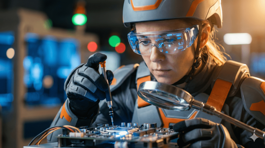 Zbliżenie na inżyniera w nowoczesnych okularach ochronnych i egzoszkielecie, wykonującego precyzyjne prace przy elektronice. Kinowe oświetlenie kontrowe, tło rozmyte, sugerujące zaawansowane technologie.