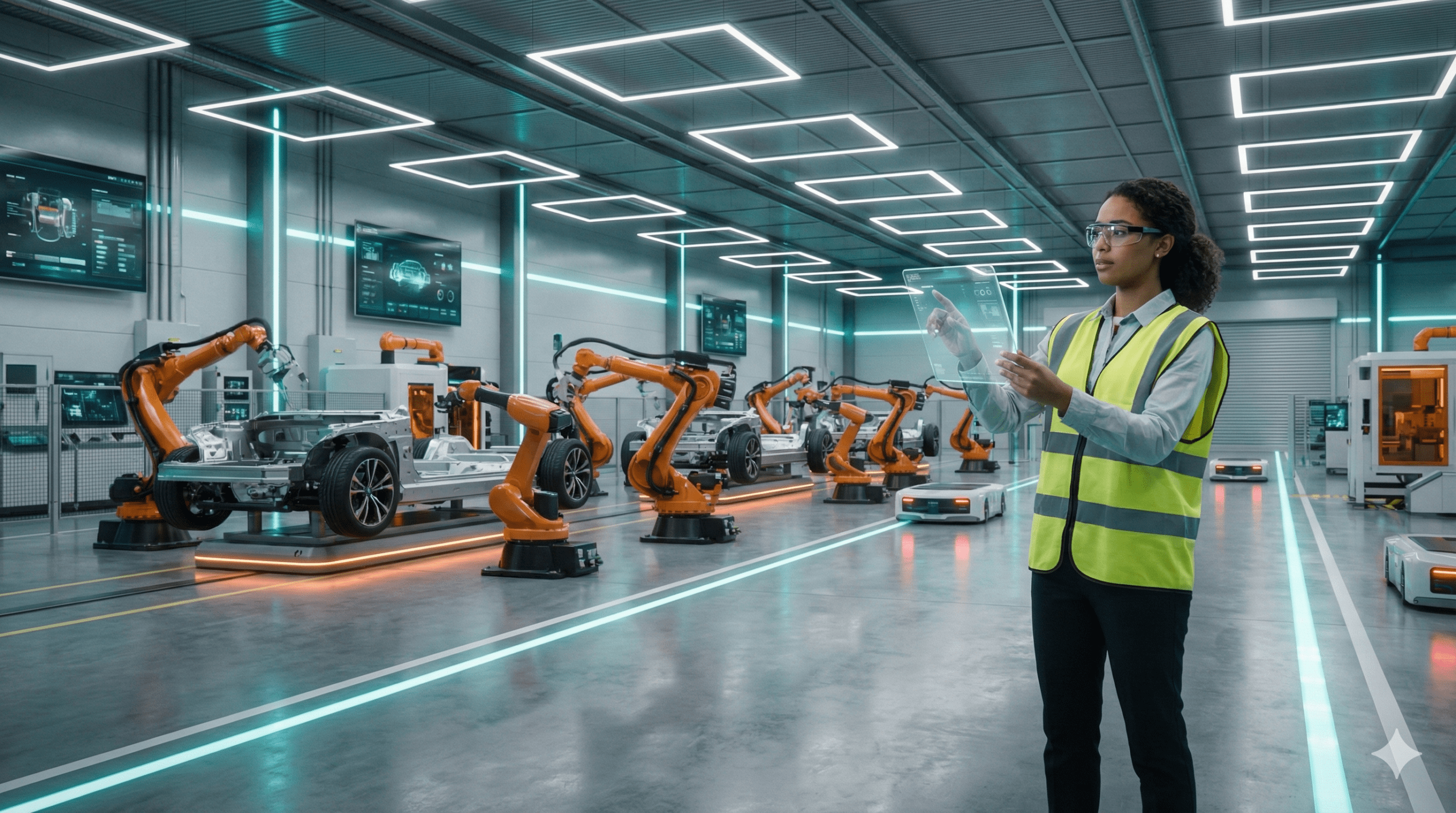 Wnętrze futurystycznej, sterylnej hali produkcyjnej z robotami montującymi samochody elektryczne. Na pierwszym planie młody inżynier z tabletem sterujący procesem, oświetlenie w chłodnych barwach bieli i błękitu.