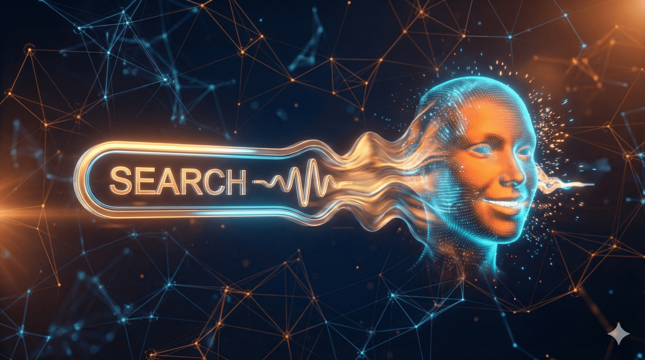 uturystyczna wizualizacja paska wyszukiwania zmieniającego się w cyfrową falę dźwiękową, symbolizująca AI Overviews i Answer Engine Optimization.