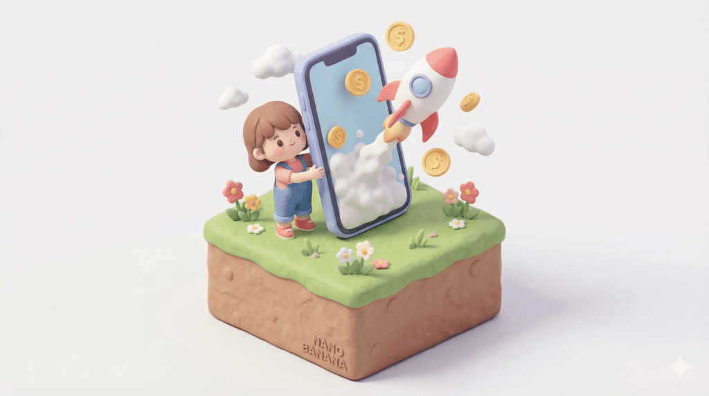 Izometryczna grafika 3D z postacią trzymającą smartfon, z którego wylatuje rakieta, otoczona złotymi monetami, co symbolizuje szybką stronę zwiększającą sprzedaż.