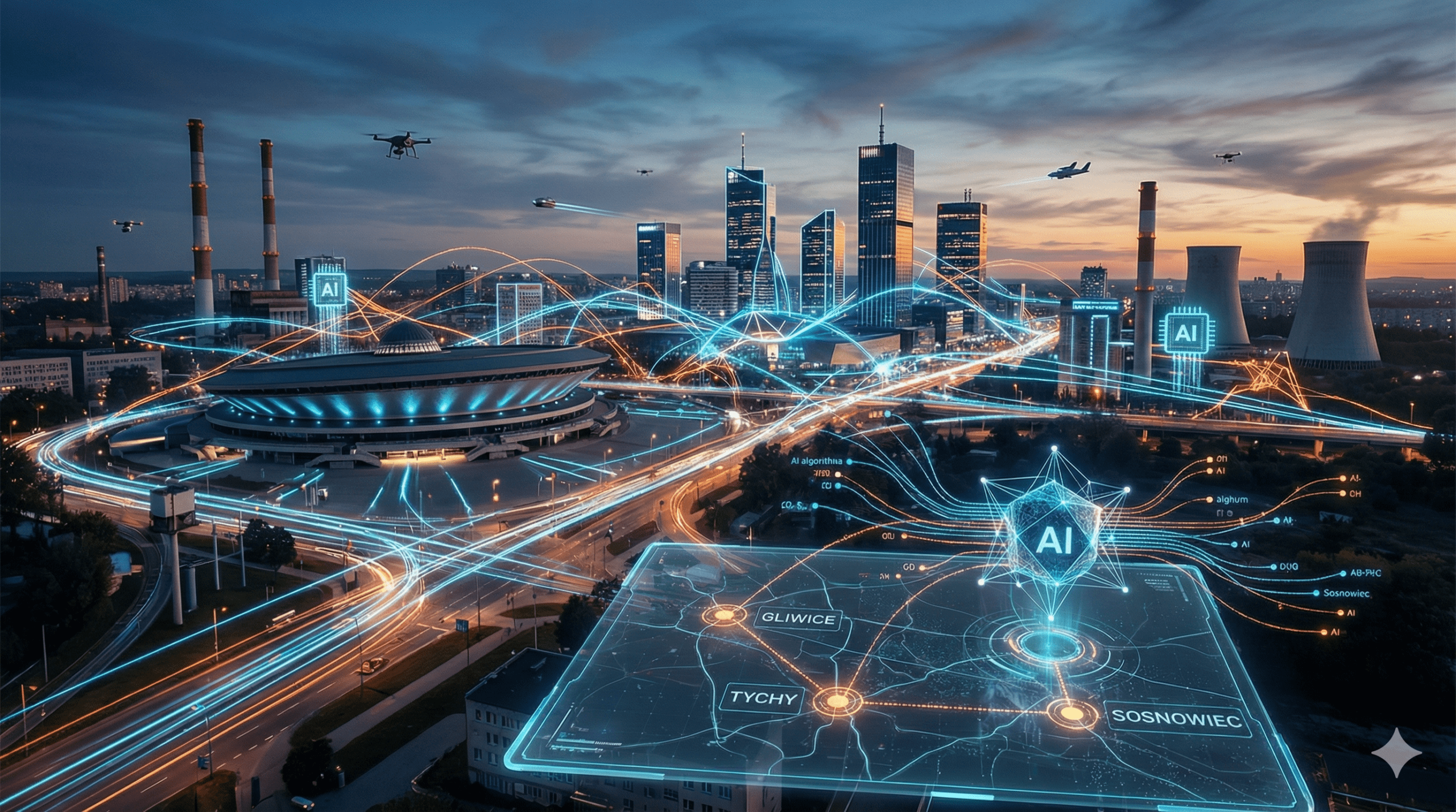 Futurystyczna wizualizacja sieci danych nad Katowicami i Spodkiem, symbolizująca pozycjonowanie lokalne i AI w Metropolii GZM w 2026 roku.