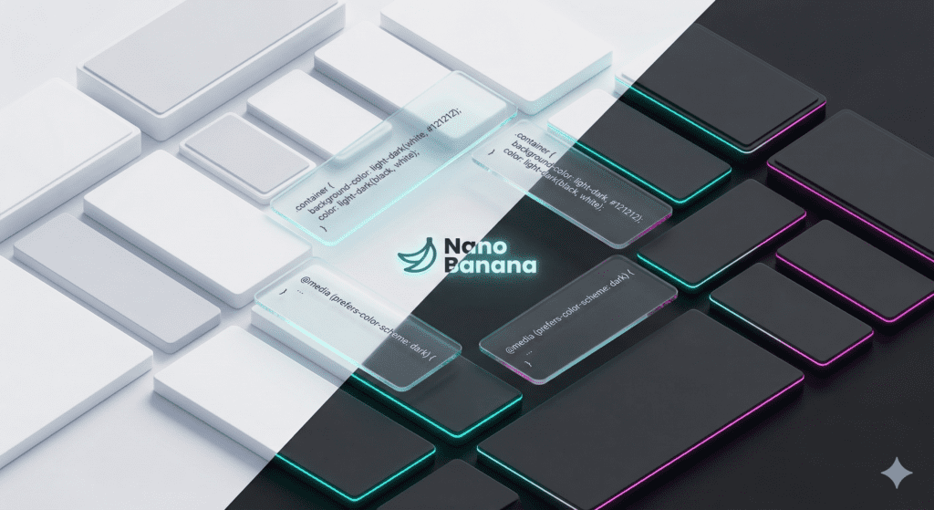 Abstrakcyjna, izometryczna kompozycja 3D przedstawiająca płynne przejście między trybem jasnym a ciemnym, z elementami kodu CSS unoszącymi się w przestrzeni.