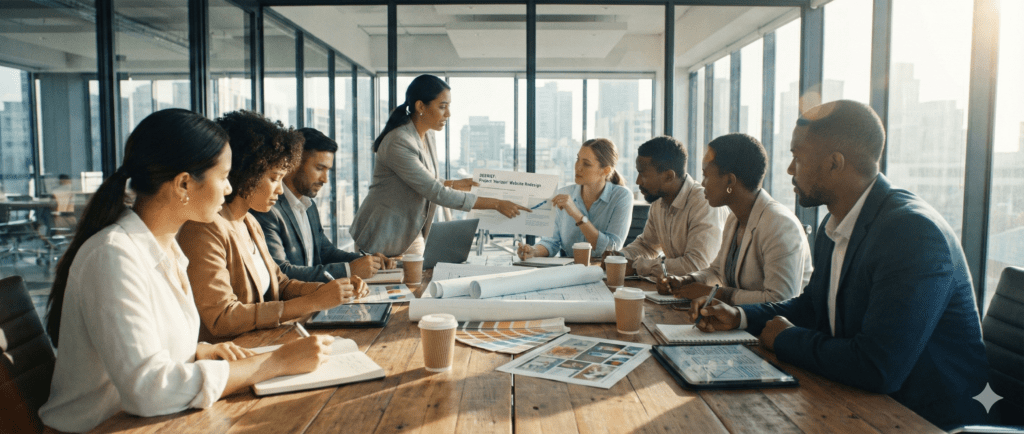 Zespół profesjonalistów w nowoczesnej sali konferencyjnej pracujący nad dokumentacją strategiczną. Widoczne skupienie, praca z makietami UX i danymi na tabletach.