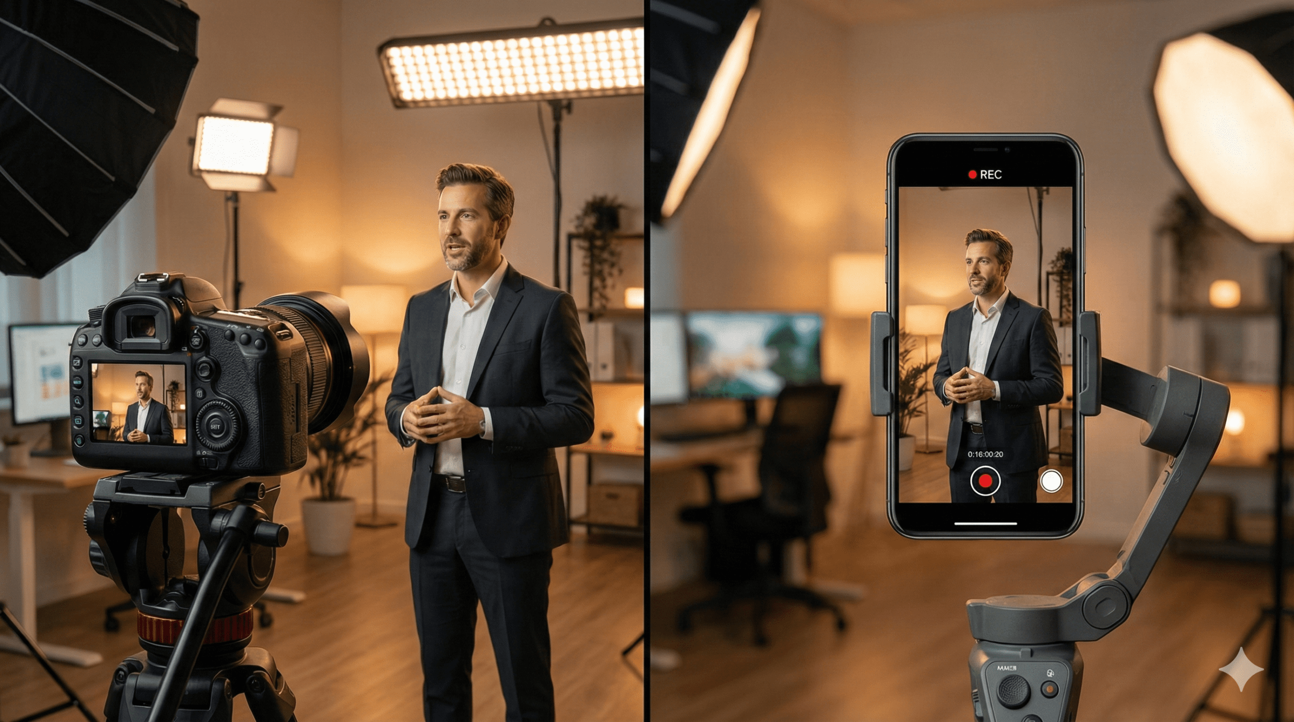 Profesjonalna sesja hybrydowa pokazująca jednoczesne nagrywanie wideo wizytówki i robienie zdjęć biznesowych na LinkedIn.