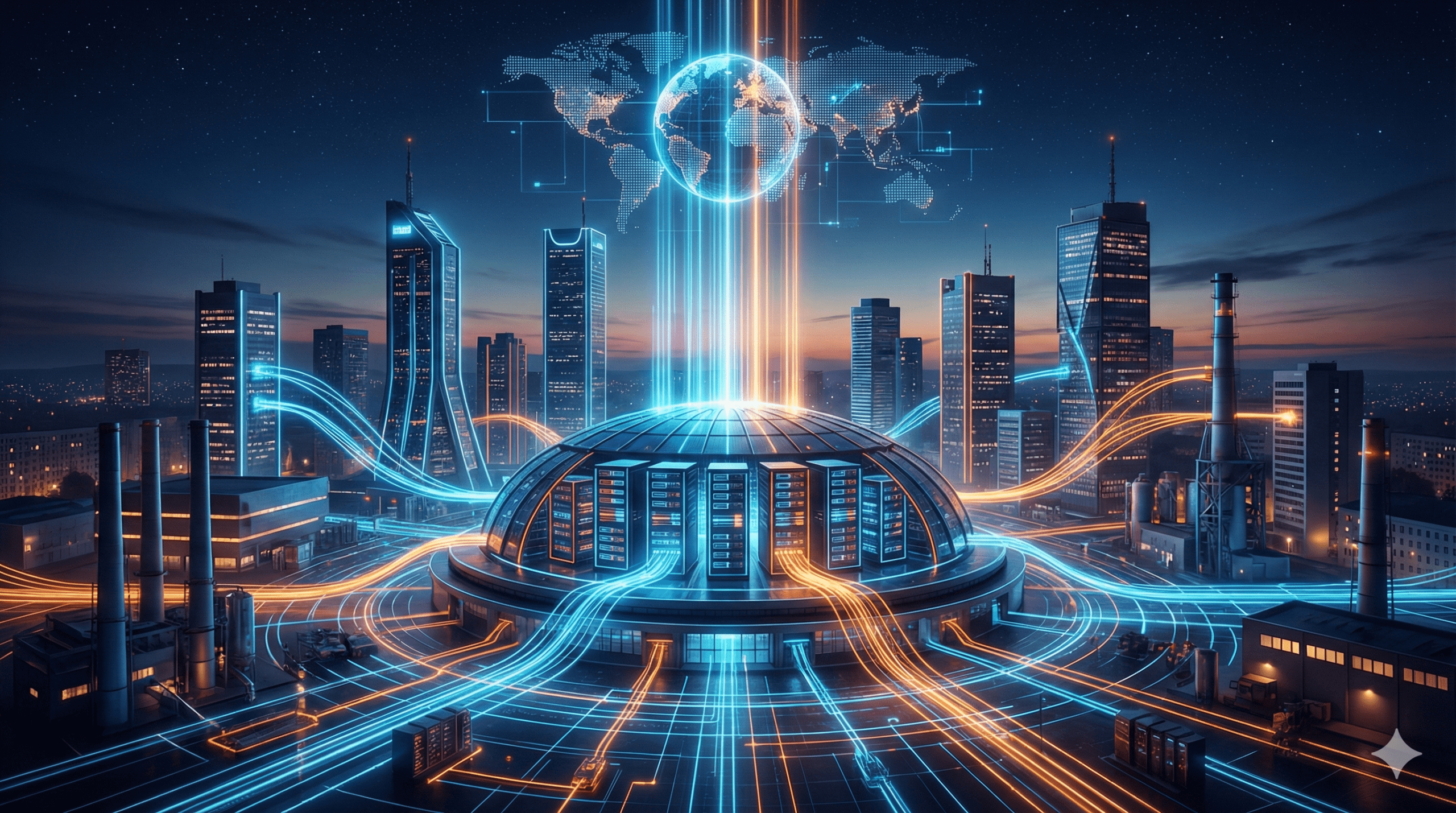 Futurystyczna wizualizacja Katowic z cyfrowymi strumieniami danych wychodzącymi ze Spodka, symbolizująca szybką lokalną infrastrukturę serwerową.