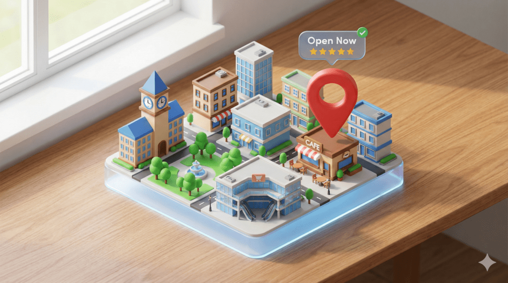 Izometryczna wizualizacja mapy cyfrowej z zaznaczonymi punktami orientacyjnymi i pinezką lokalizacji wskazującą otwartą firmę, symbolizująca lokalne SEO.