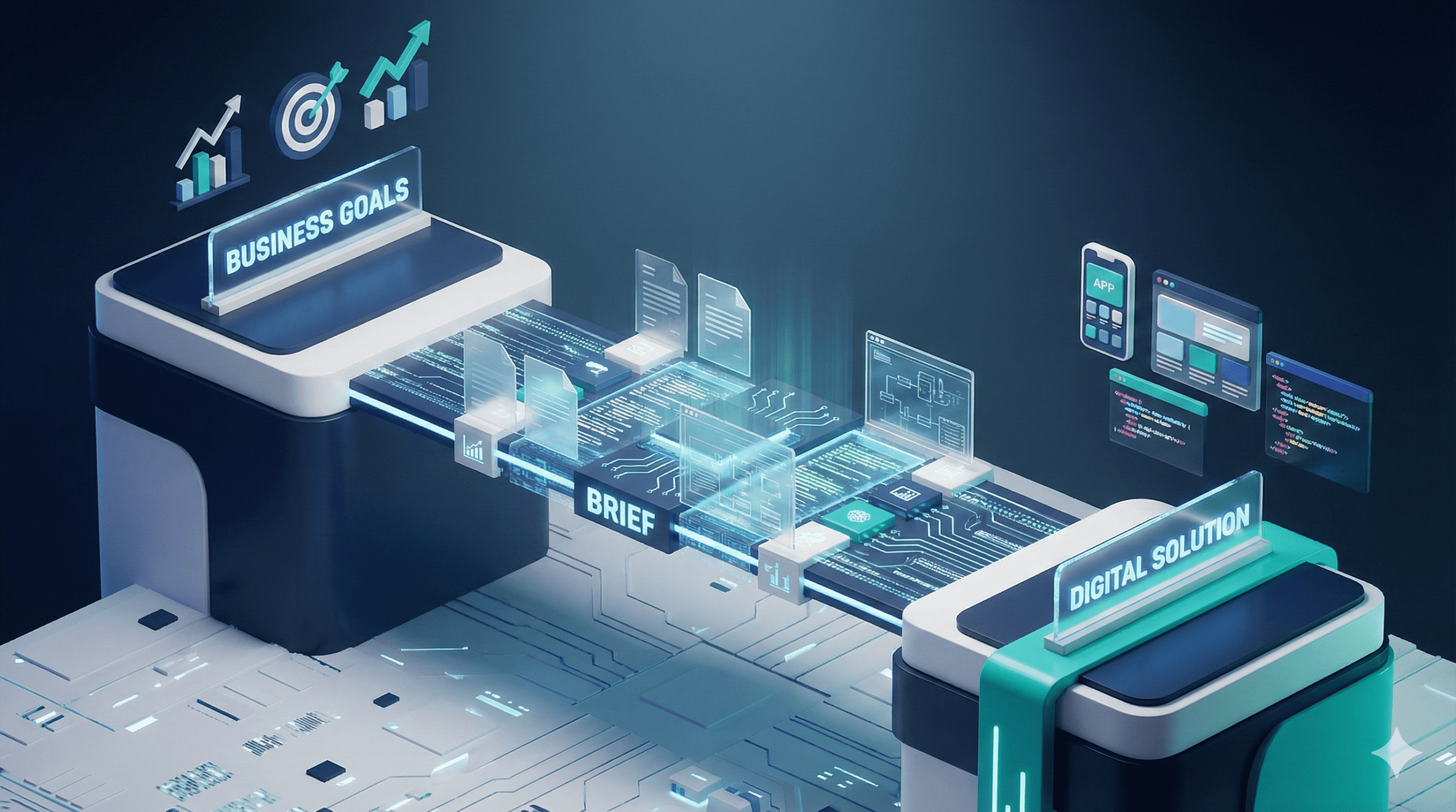 otorealistyczna, izometryczna wizualizacja 3D przedstawiająca proces tworzenia briefu jako budowanie świetlistego mostu między abstrakcyjnymi celami biznesowymi a gotowym produktem cyfrowym. Styl high-tech, profesjonalny.