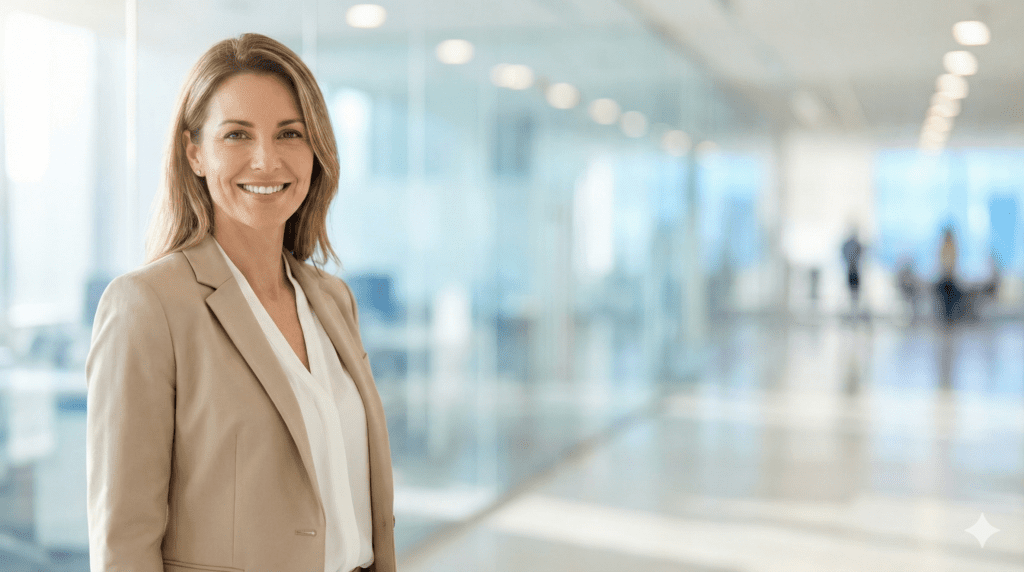 Profesjonalny portret biznesowy kobiety z dużą ilością pustej przestrzeni (negative space) po prawej stronie, idealny na nagłówek strony internetowej.