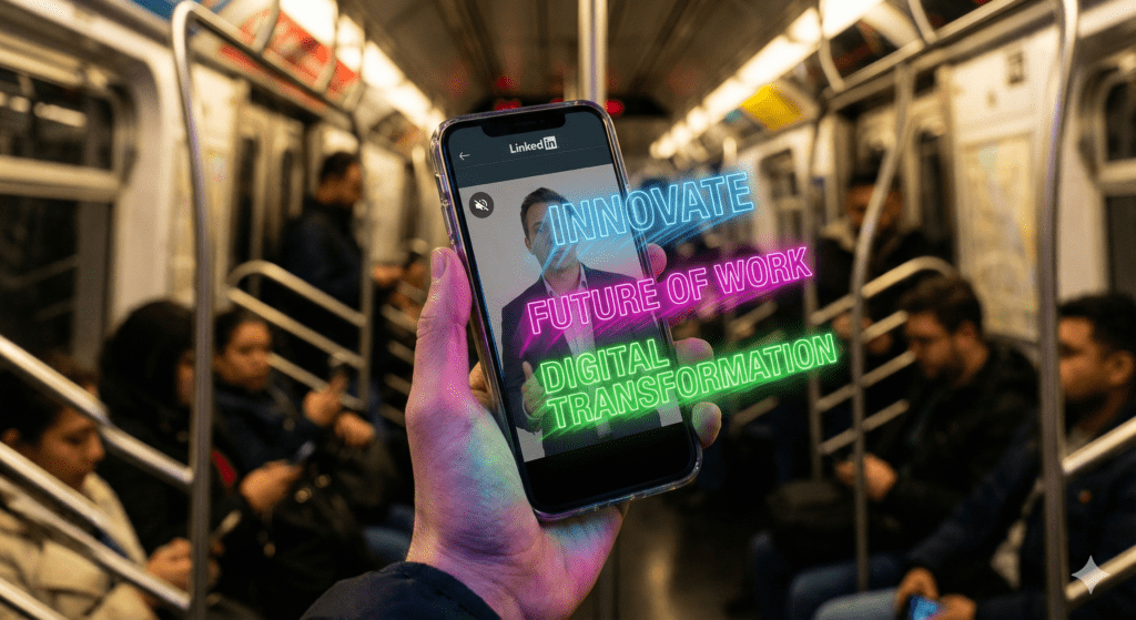 Smartfon wyświetlający wideo na LinkedIn bez dźwięku z dynamicznymi, czytelnymi napisami, ilustrujący trend Silent Video.