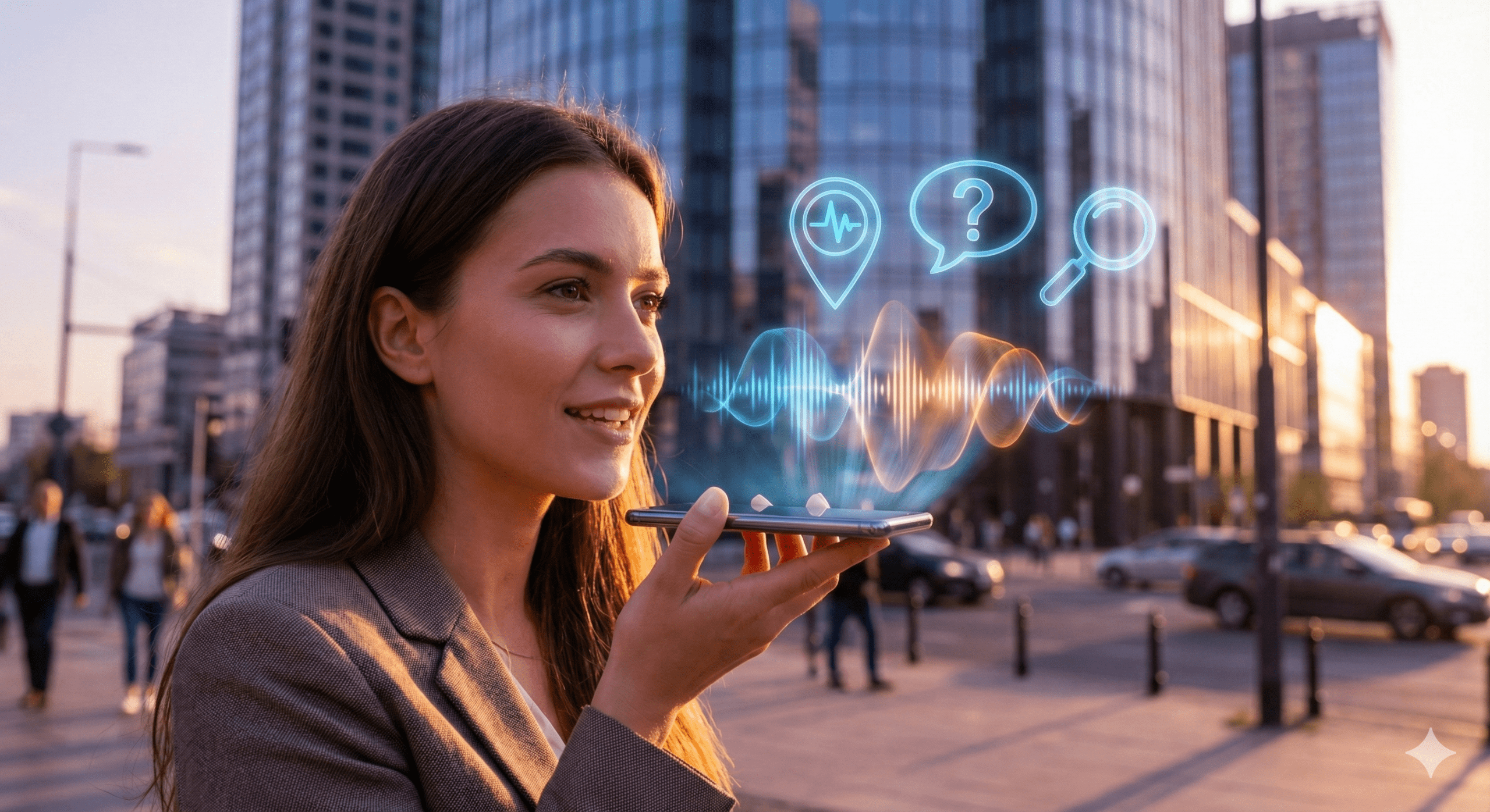 Voice_Search_Technology_Warsaw_Concept Kobieta korzystająca z wyszukiwania głosowego na tle nowoczesnej Warszawy, z holograficznymi ikonami symbolizującymi zapytania głosowe.