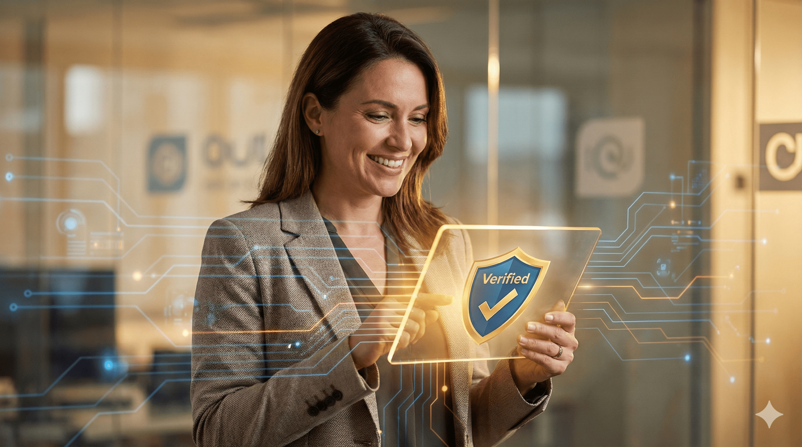 Artystyczna wizualizacja cyfrowej tożsamości: profesjonalista w ciepłym świetle połączony siecią zaufania z symbolami weryfikacji, w stylu cyberpunkowym, 4k.