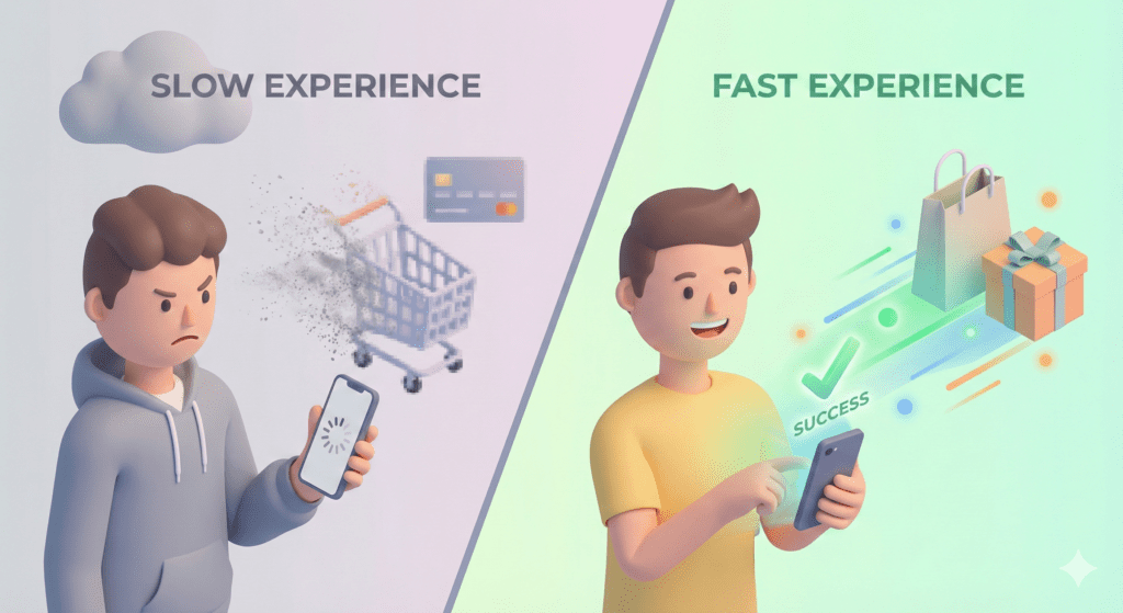 Porównanie doświadczeń użytkownika w sklepie internetowym: frustracja przy wolnym ładowaniu strony kontra radość z szybkich zakupów mobilnych.