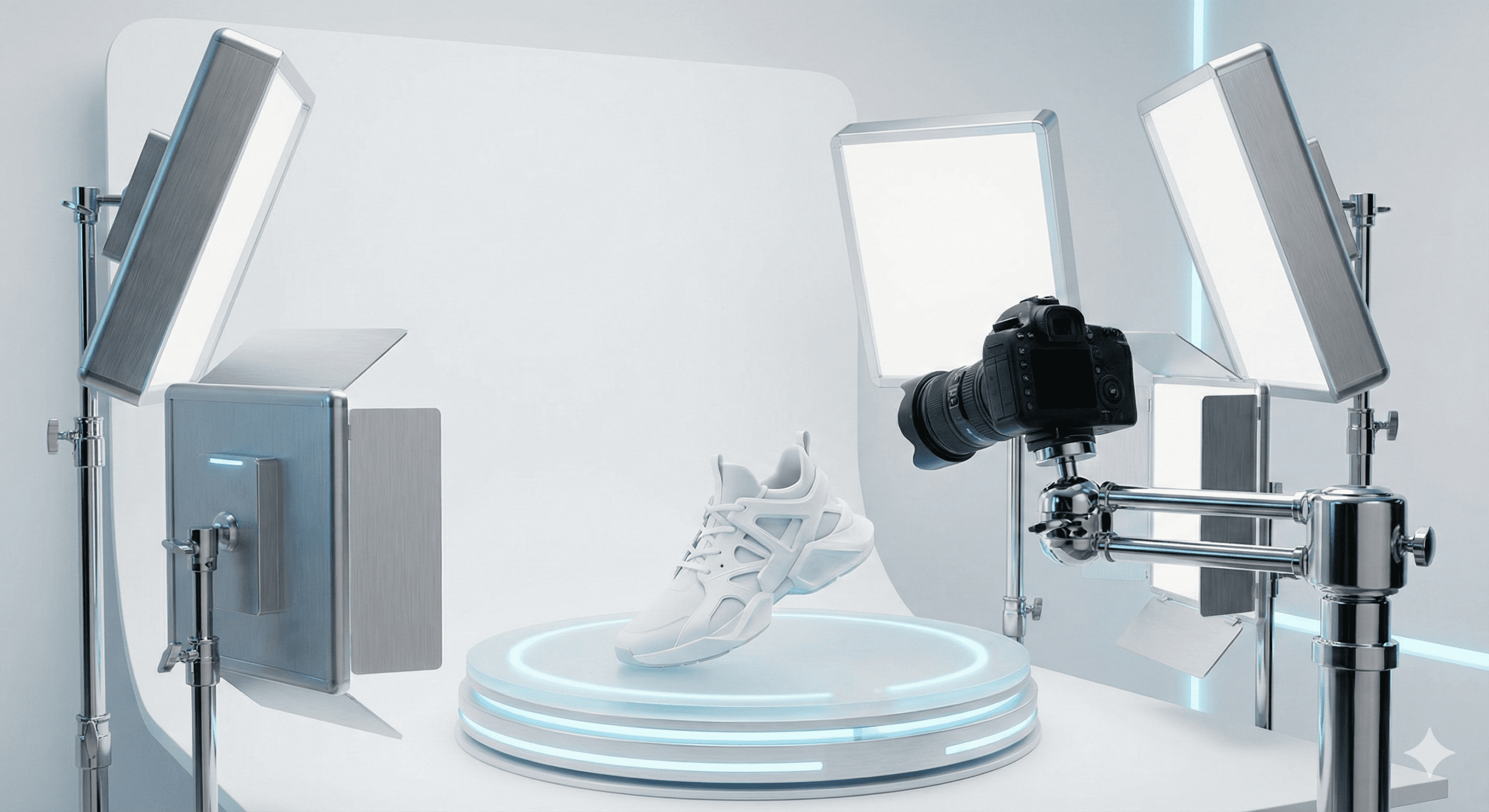 Futurystyczne studio fotograficzne e-commerce z białym sneakersem na podświetlanym stole obrotowym, otoczone profesjonalnymi panelami LED i kamerą na zrobotyzowanym ramieniu.